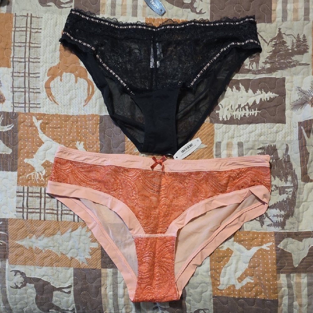 Black and Coral Lace and Sheer Panty Duo